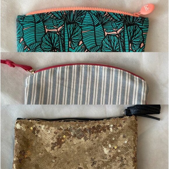 Ipsy Makeup Bag Bundle Lot Tropical Green Leaf Print White Striped Gold Sequin - Picture 1 of 8